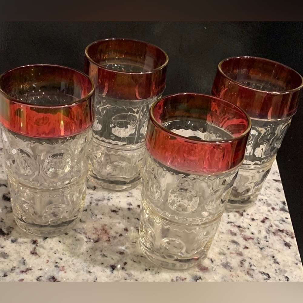 Vintage Tiffin Ruby Red Flash Kings Crown Glass Water Tumblers Set of 4 RARE